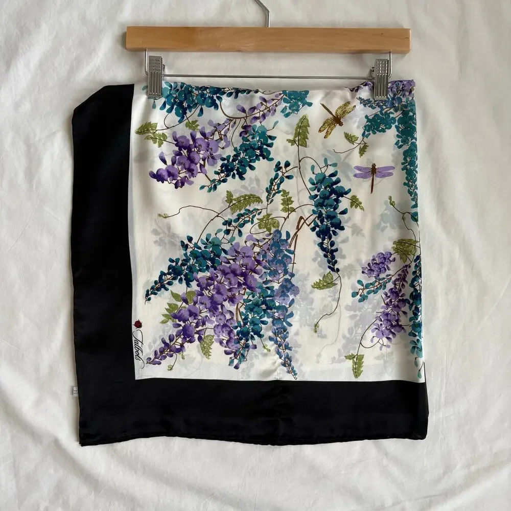Vintage Talbots 100% Silk Floral Dragonfly Scarf Black Border